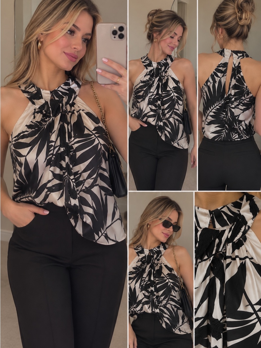 Black & Cream Tropical Halter Camisole Top